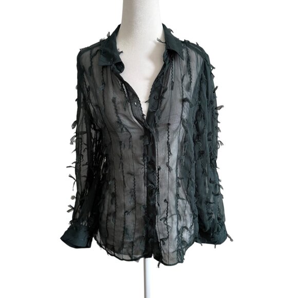ARA Green Olive FRINGED SHIRT Semi-sheer Collared Long Sleeve Size Small - Picture 4 of 10